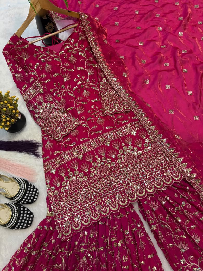 SM Designer Fancy Crushed Silk Sharara Suit Set with 5mm Sequence Embroidery & Dupatta
