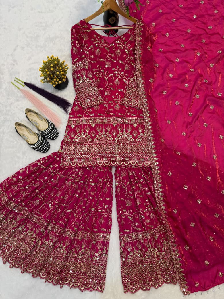 SM Designer Fancy Crushed Silk Sharara Suit Set with 5mm Sequence Embroidery & Dupatta