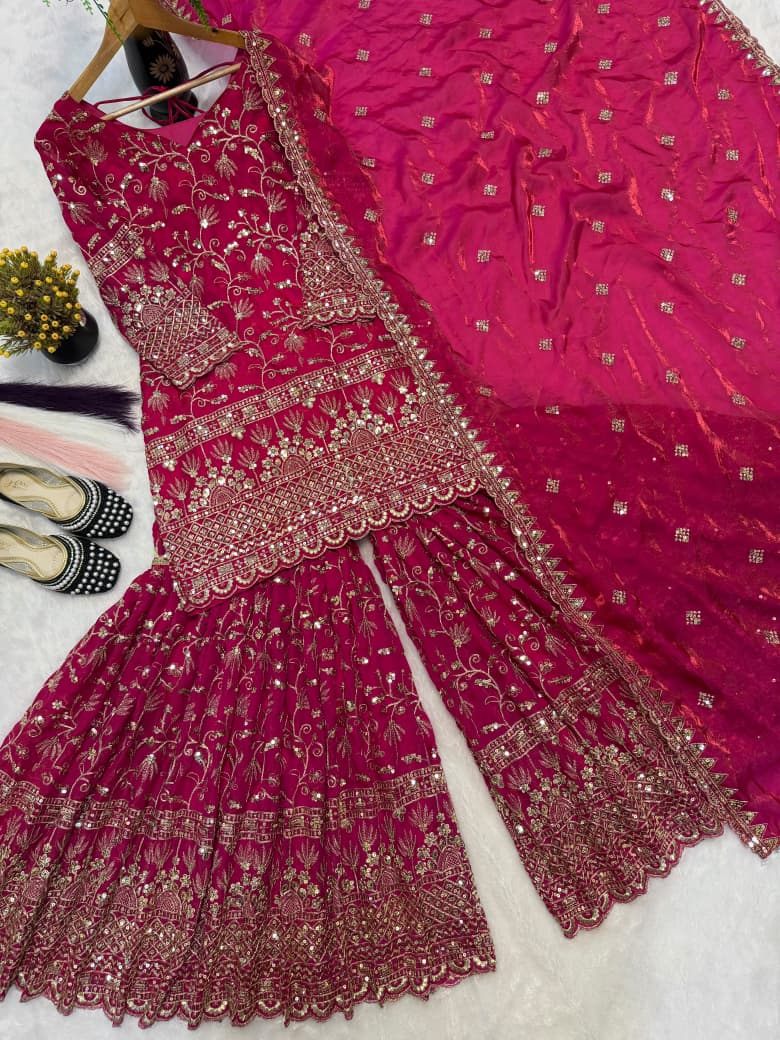 SM Designer Fancy Crushed Silk Sharara Suit Set with 5mm Sequence Embroidery & Dupatta