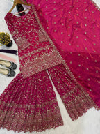 SM Designer Fancy Crushed Silk Sharara Suit Set with 5mm Sequence Embroidery & Dupatta