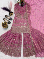 SM Designer Fancy Crushed Silk Sharara Suit Set with 5mm Sequence Embroidery & Dupatta