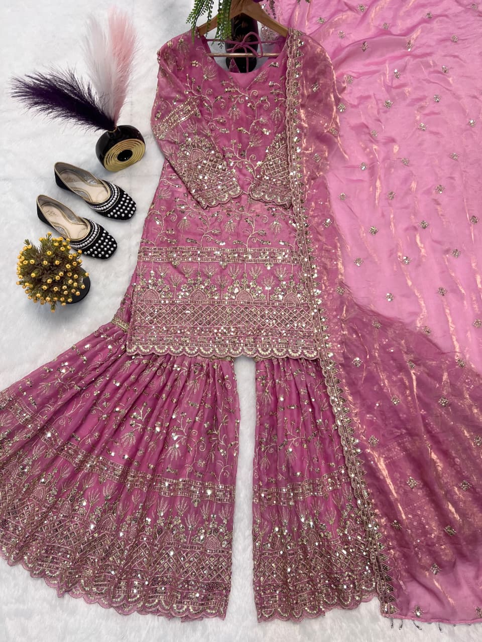 SM Designer Fancy Crushed Silk Sharara Suit Set with 5mm Sequence Embroidery & Dupatta