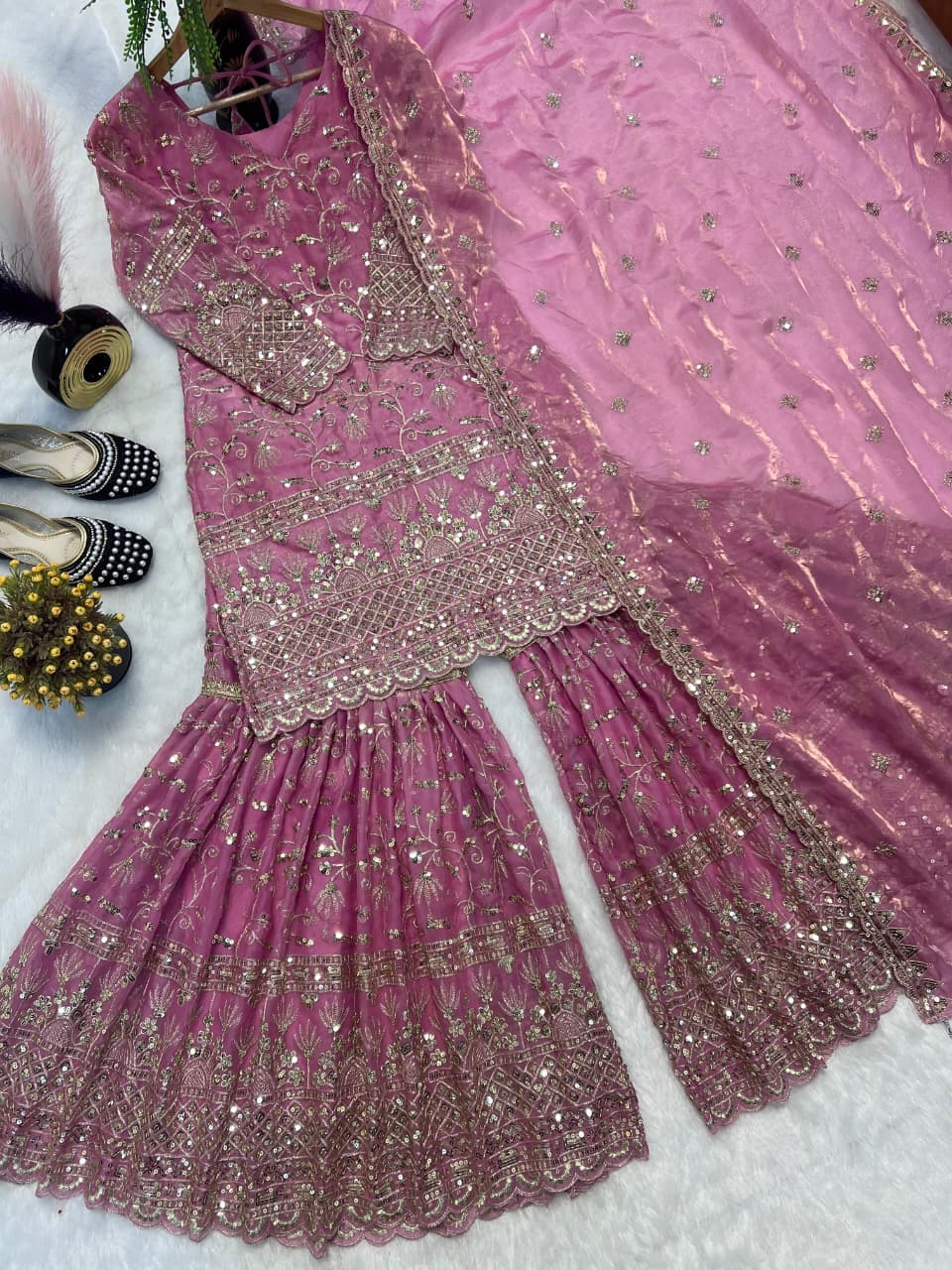 SM Designer Fancy Crushed Silk Sharara Suit Set with 5mm Sequence Embroidery & Dupatta