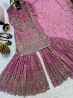 SM Designer Fancy Crushed Silk Sharara Suit Set with 5mm Sequence Embroidery & Dupatta