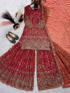 SM Designer Fancy Crushed Silk Sharara Suit Set with 5mm Sequence Embroidery & Dupatta
