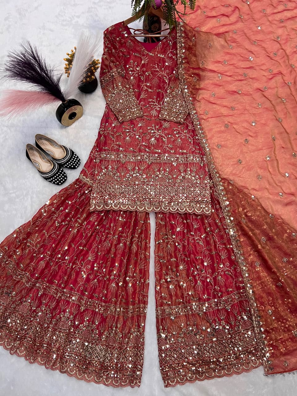 SM Designer Fancy Crushed Silk Sharara Suit Set with 5mm Sequence Embroidery & Dupatta
