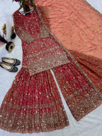 SM Designer Fancy Crushed Silk Sharara Suit Set with 5mm Sequence Embroidery & Dupatta