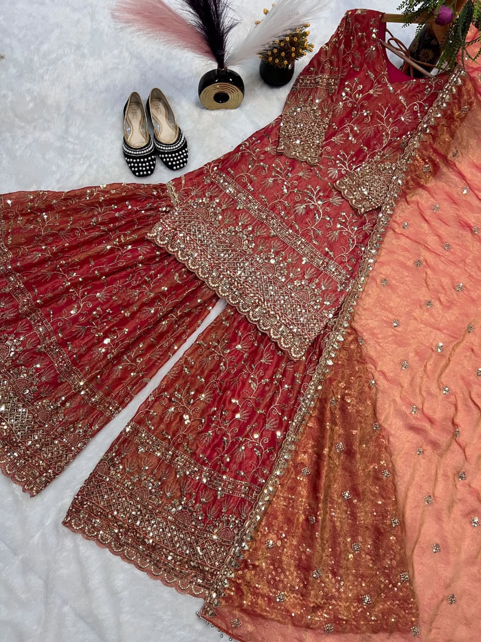SM Designer Fancy Crushed Silk Sharara Suit Set with 5mm Sequence Embroidery & Dupatta