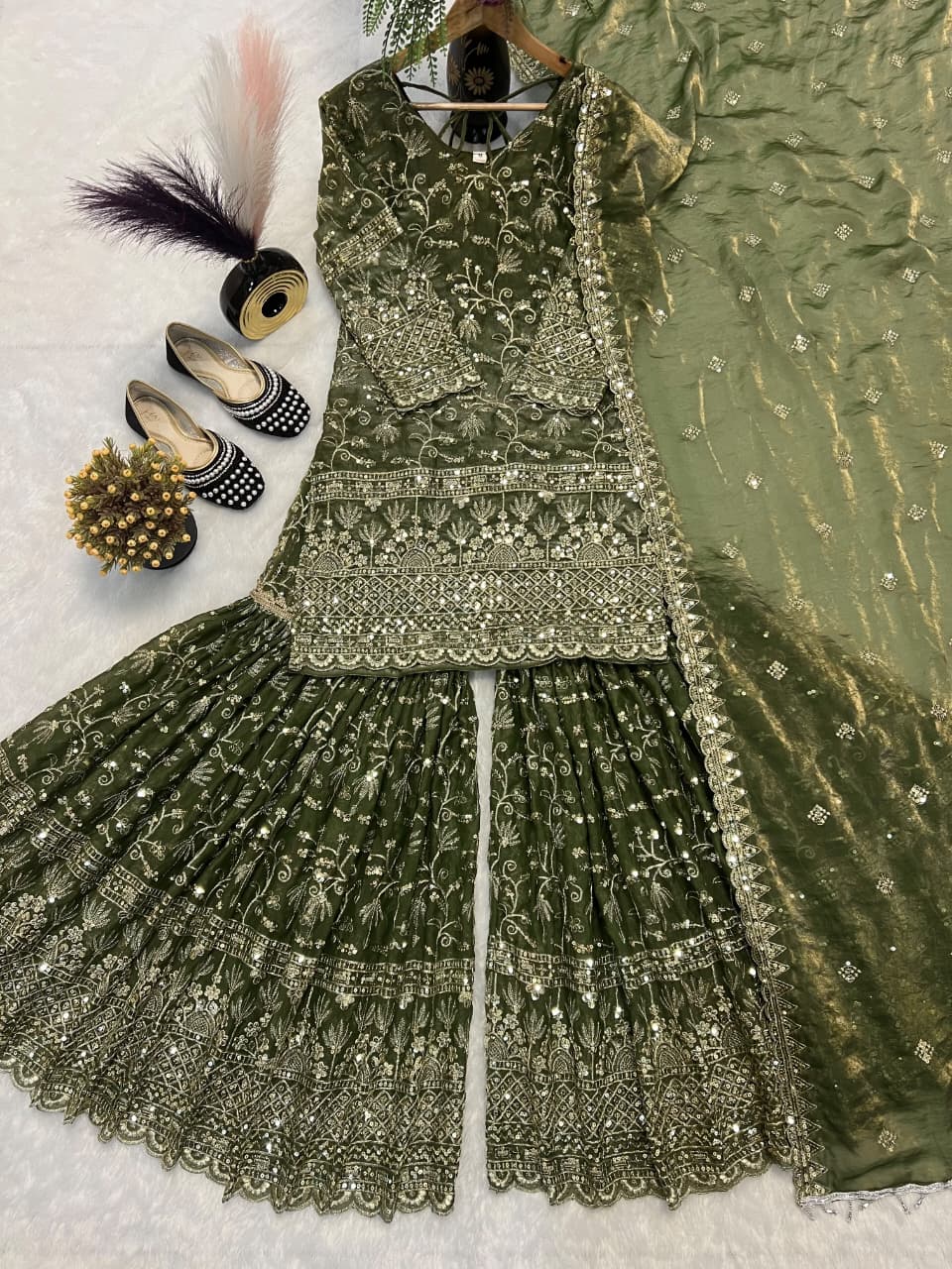 SM Designer Fancy Crushed Silk Sharara Suit Set with 5mm Sequence Embroidery & Dupatta