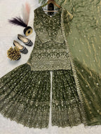 SM Designer Fancy Crushed Silk Sharara Suit Set with 5mm Sequence Embroidery & Dupatta