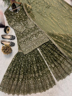 SM Designer Fancy Crushed Silk Sharara Suit Set with 5mm Sequence Embroidery & Dupatta