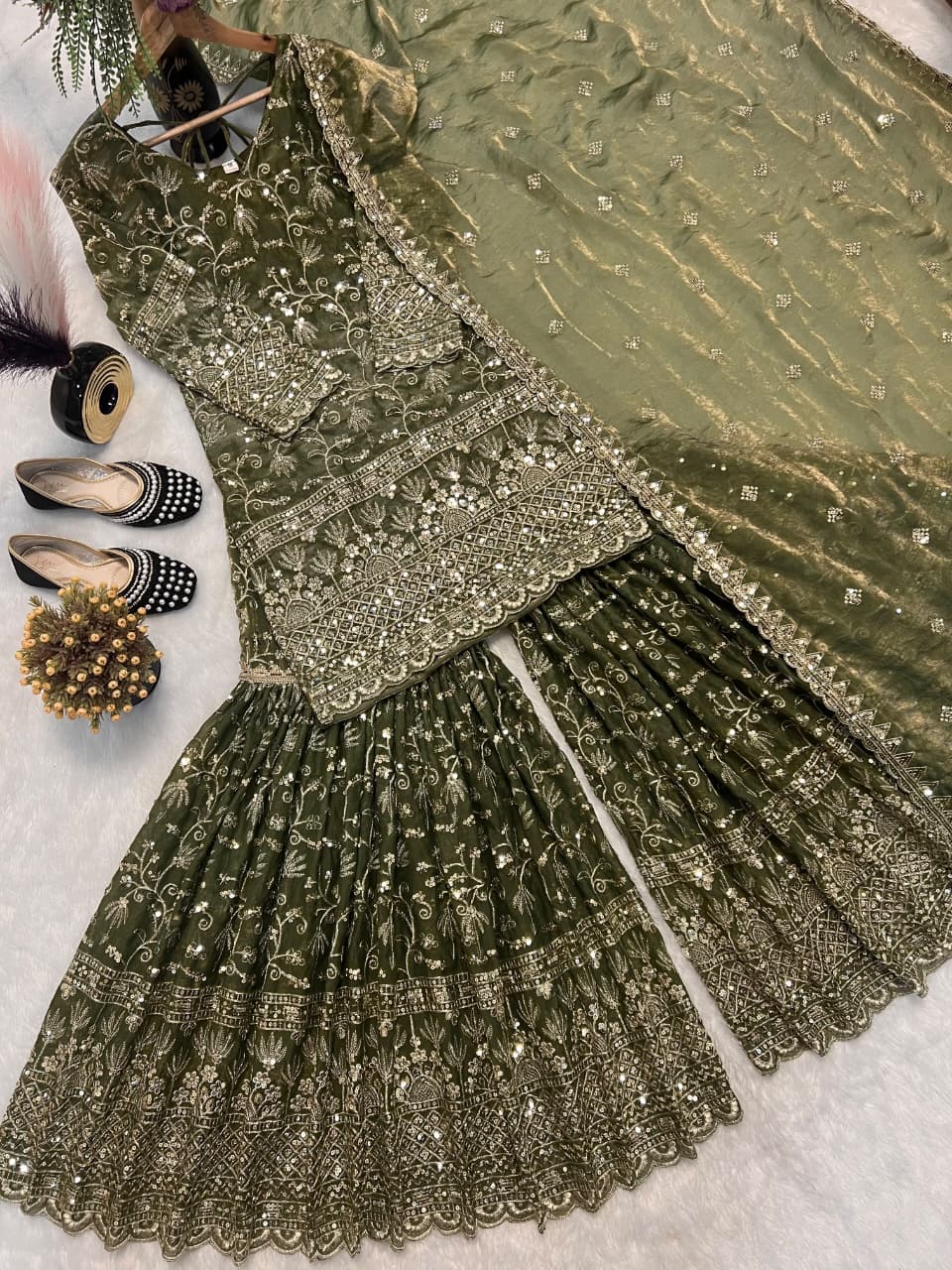 SM Designer Fancy Crushed Silk Sharara Suit Set with 5mm Sequence Embroidery & Dupatta