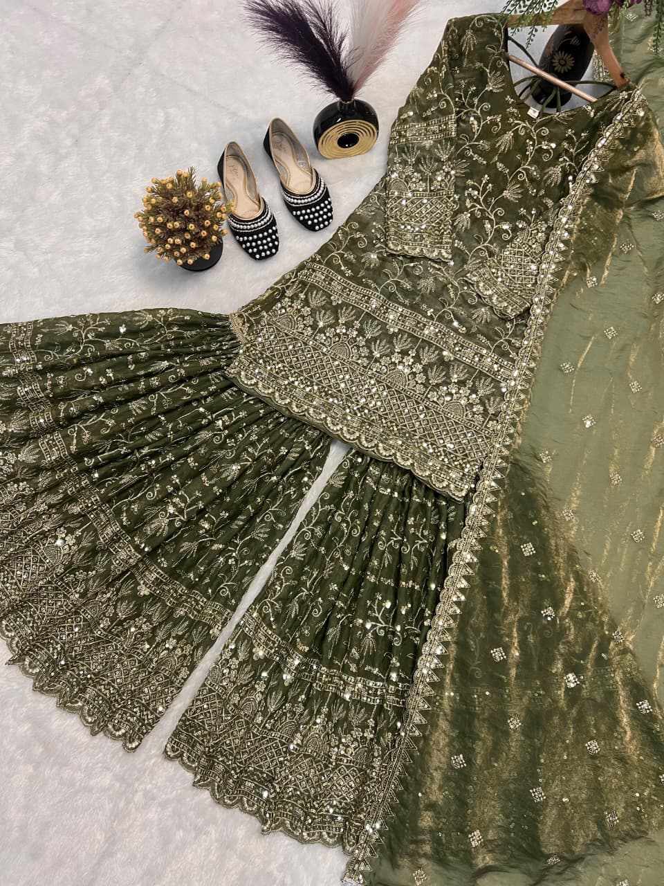 SM Designer Fancy Crushed Silk Sharara Suit Set with 5mm Sequence Embroidery & Dupatta