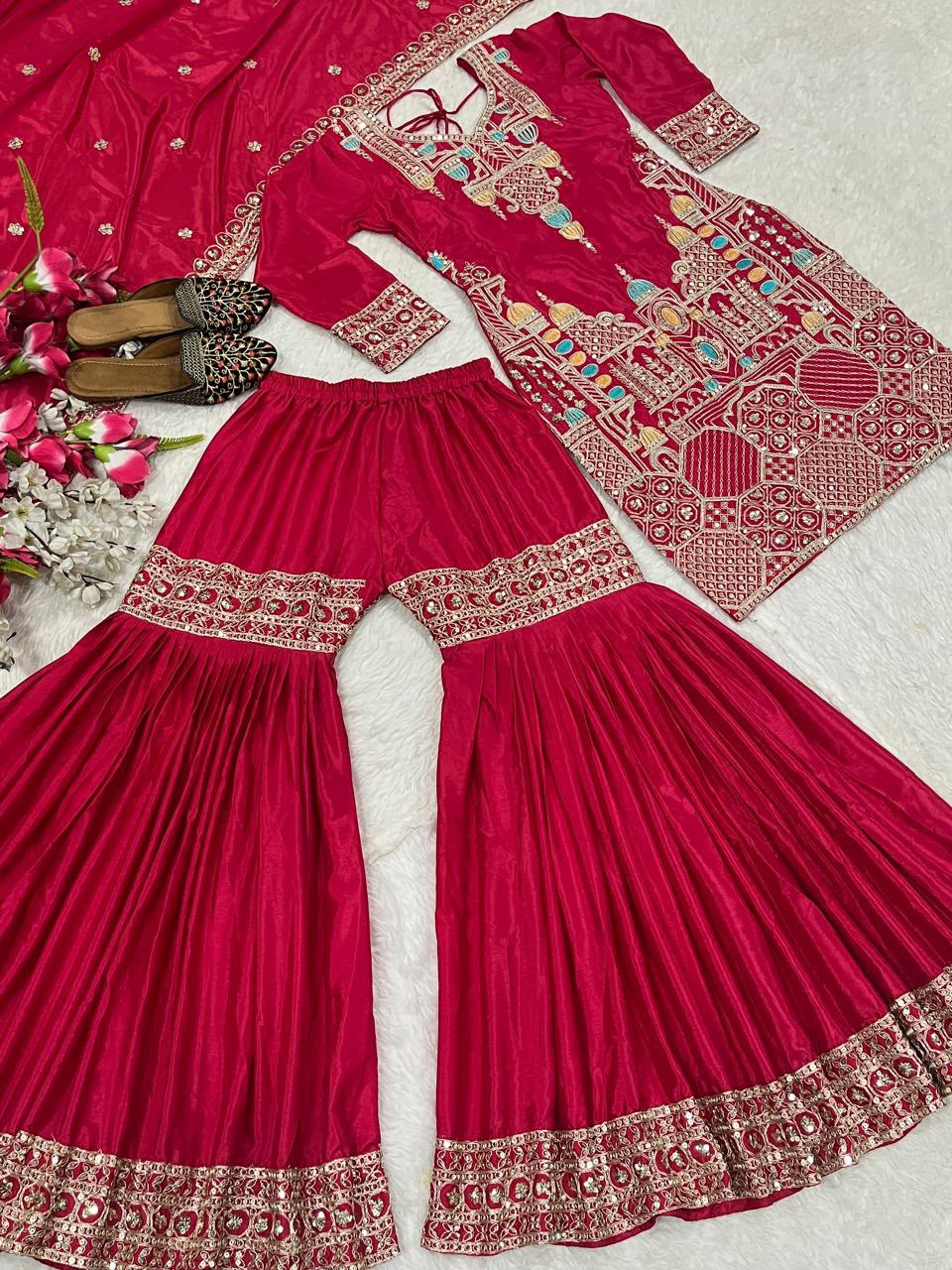 SM Designer Heavy Chinon Silk Embroidered Sharara Suit Set with Dupatta