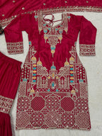 SM Designer Heavy Chinon Silk Embroidered Sharara Suit Set with Dupatta