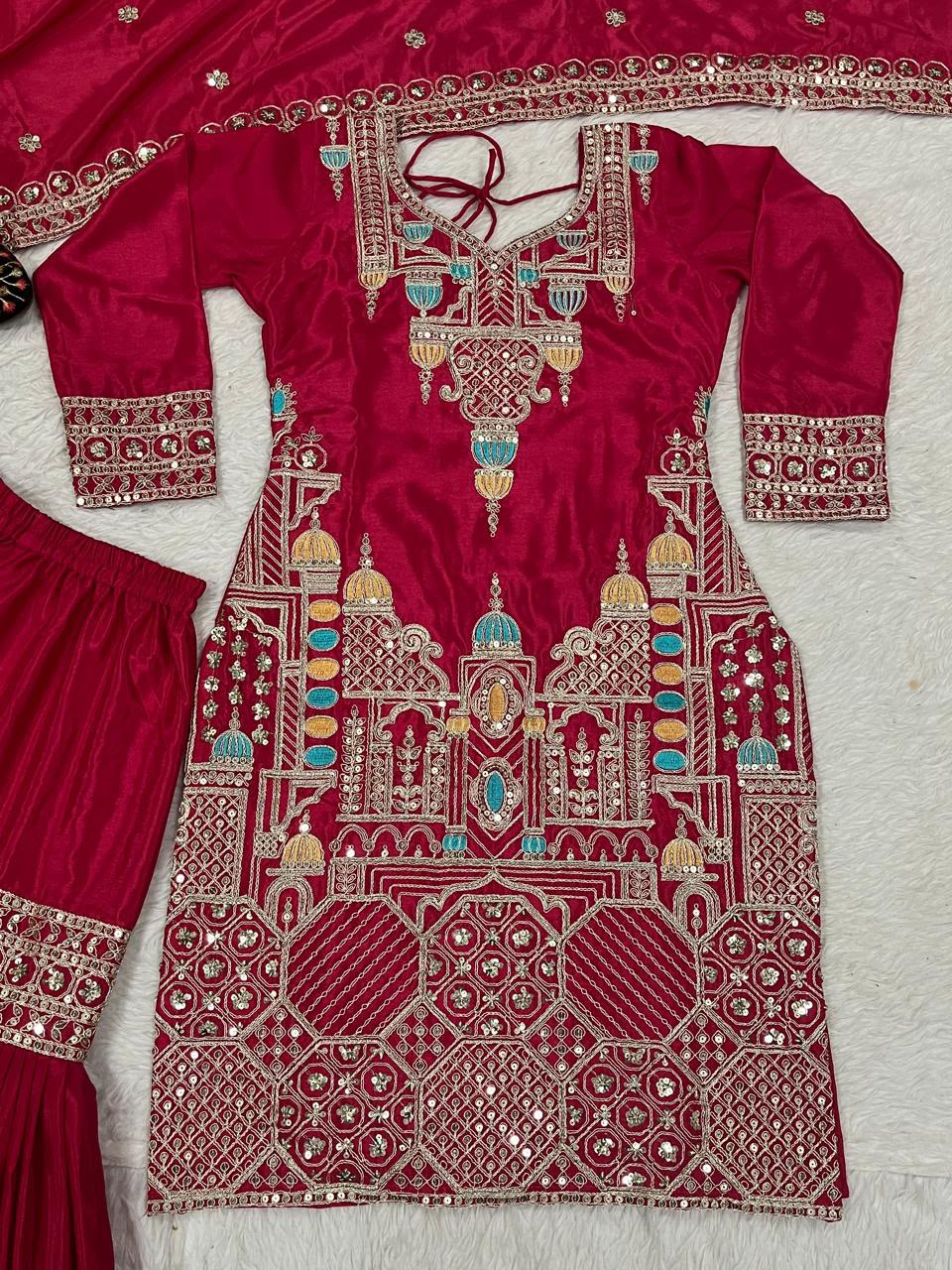 SM Designer Heavy Chinon Silk Embroidered Sharara Suit Set with Dupatta