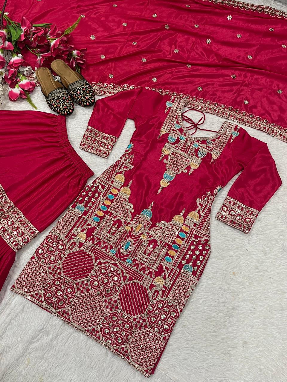 SM Designer Heavy Chinon Silk Embroidered Sharara Suit Set with Dupatta