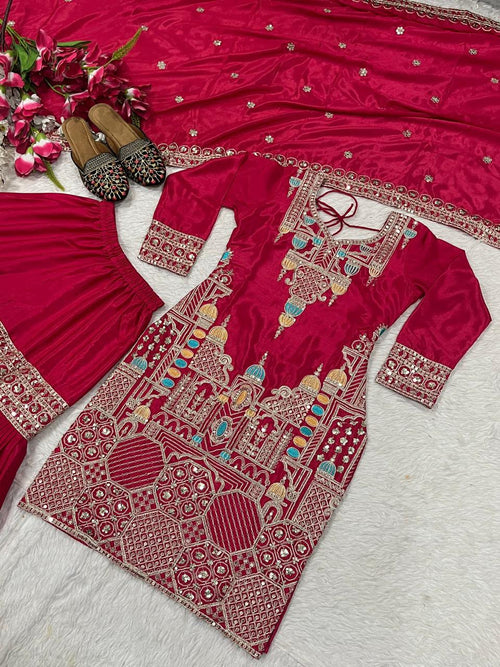 SM Designer Heavy Chinon Silk Embroidered Sharara Suit Set with Dupatta