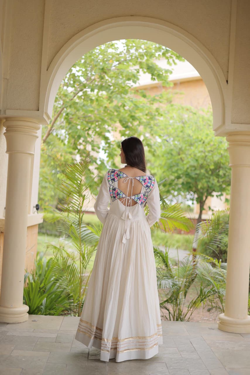 SM  Multi-Thread & Gota Patti Embroidered Full Sleeves Cotton Gown