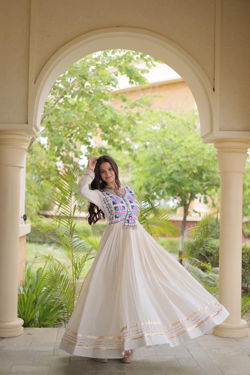 SM  Multi-Thread & Gota Patti Embroidered Full Sleeves Cotton Gown