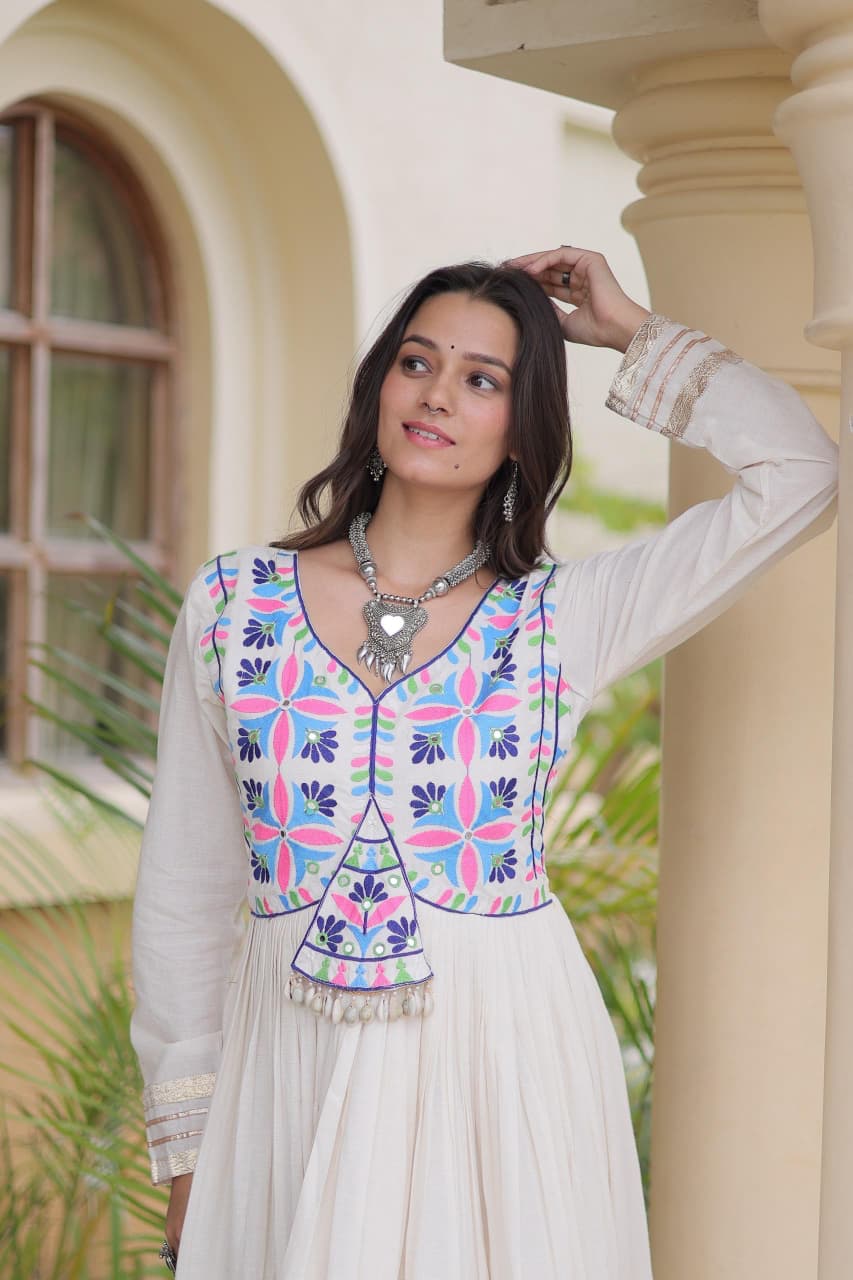 SM  Multi-Thread & Gota Patti Embroidered Full Sleeves Cotton Gown
