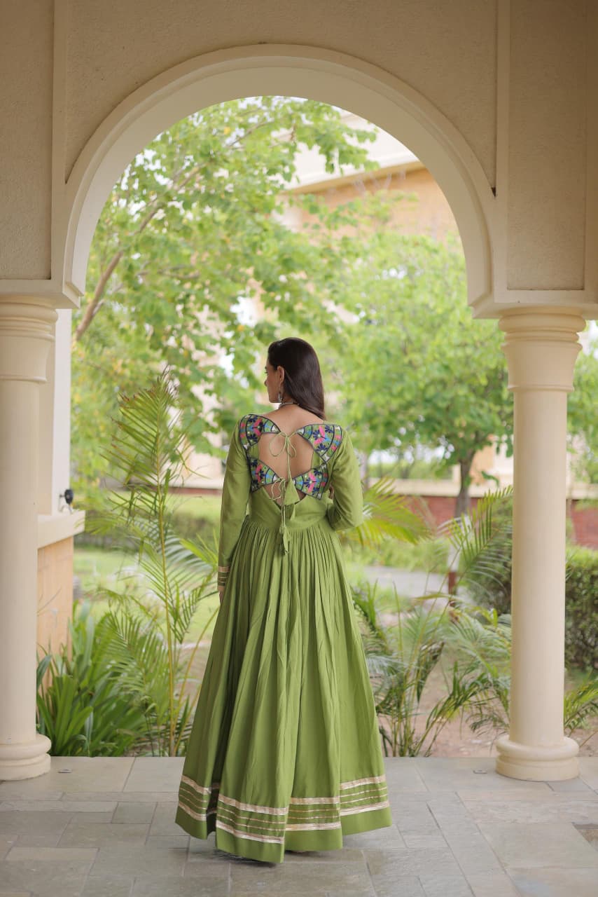 SM  Multi-Thread & Gota Patti Embroidered Full Sleeves Cotton Gown