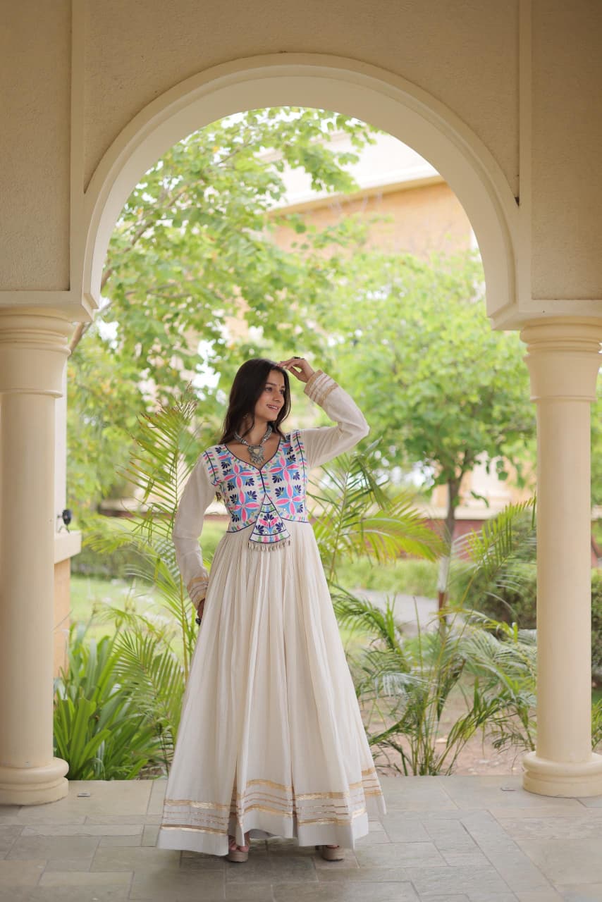 SM  Multi-Thread & Gota Patti Embroidered Full Sleeves Cotton Gown