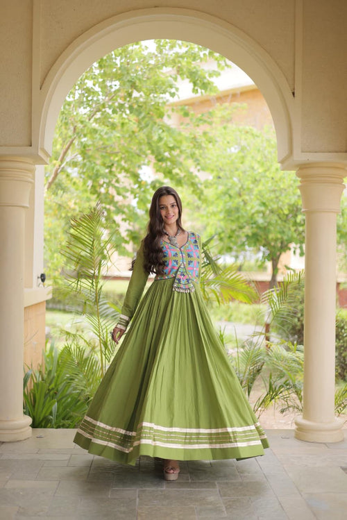 SM  Multi-Thread & Gota Patti Embroidered Full Sleeves Cotton Gown