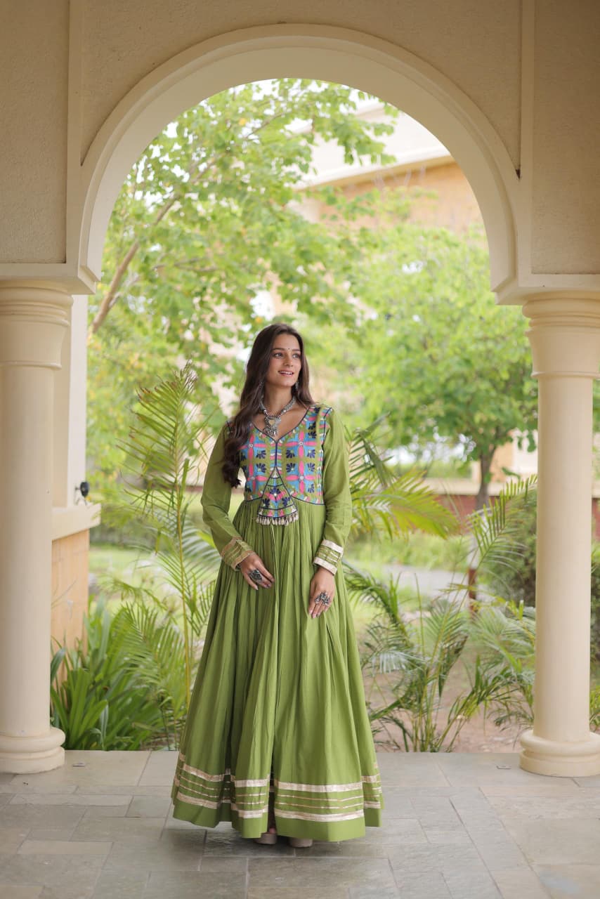 SM  Multi-Thread & Gota Patti Embroidered Full Sleeves Cotton Gown