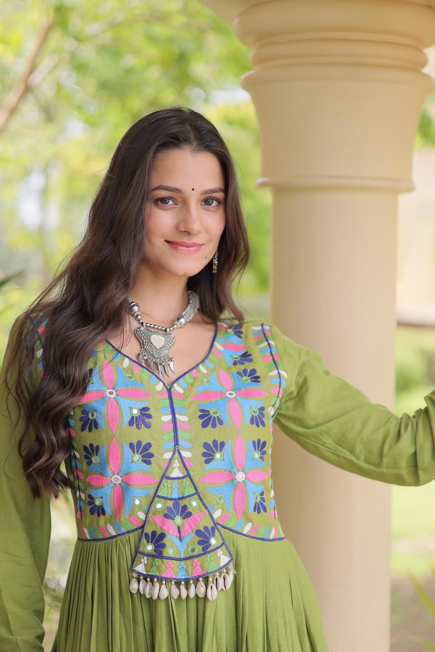 SM  Multi-Thread & Gota Patti Embroidered Full Sleeves Cotton Gown