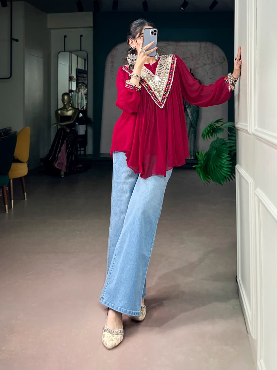 SM Handcrafted Gamthi & Real Mirror Work Garba Glam Cape Top (Bell Sleeves)