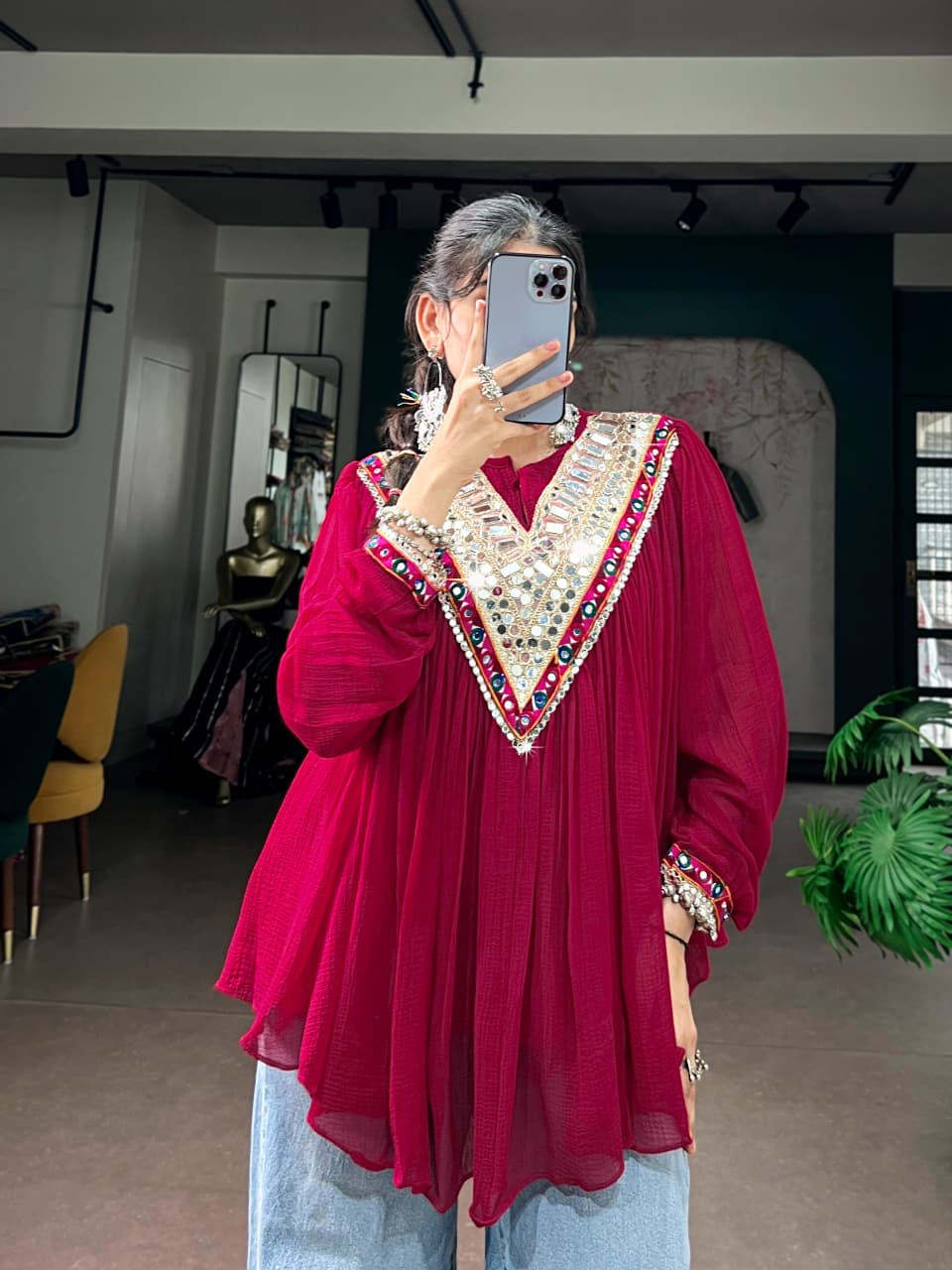 SM Handcrafted Gamthi & Real Mirror Work Garba Glam Cape Top (Bell Sleeves)