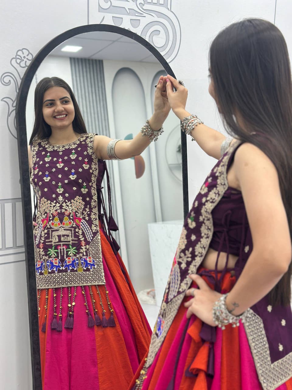 SM Designer Vichitra Silk 3-Piece Lehenga Set with Heavy Sequence Work Shrug (Fully Stitched, Padded Blouse)
