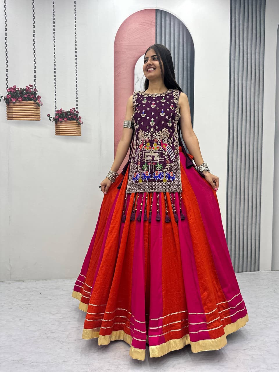 SM Designer Vichitra Silk 3-Piece Lehenga Set with Heavy Sequence Work Shrug (Fully Stitched, Padded Blouse)