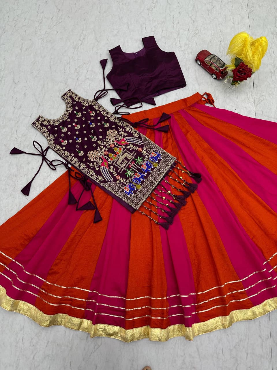 SM Designer Vichitra Silk 3-Piece Lehenga Set with Heavy Sequence Work Shrug (Fully Stitched, Padded Blouse)
