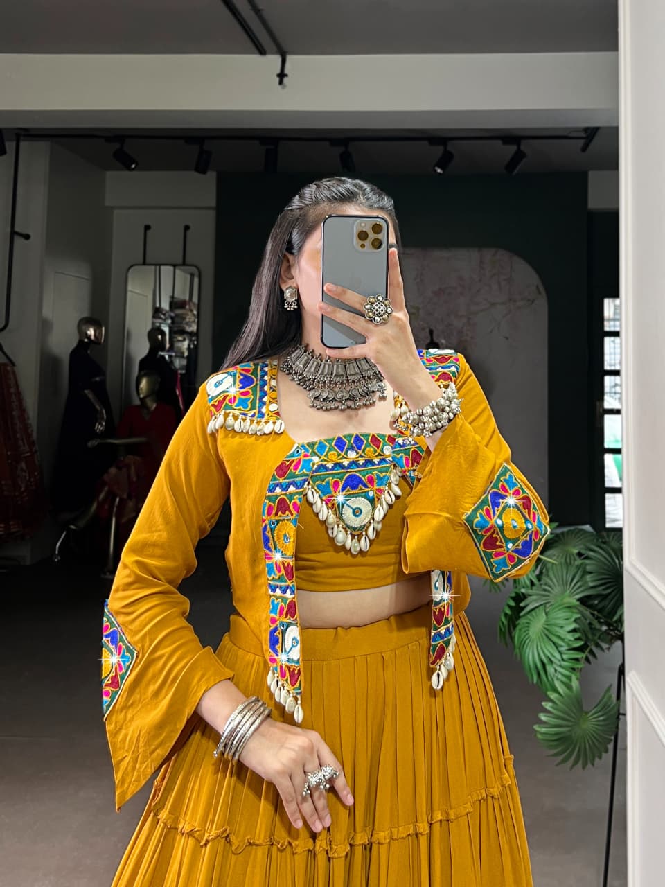 SM Pure Rayon 10M Flair Navratri Lehenga Choli with Designer Mirror Work Jacket Set (Fully Stitched)