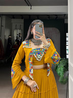 SM Pure Rayon 10M Flair Navratri Lehenga Choli with Designer Mirror Work Jacket Set (Fully Stitched)
