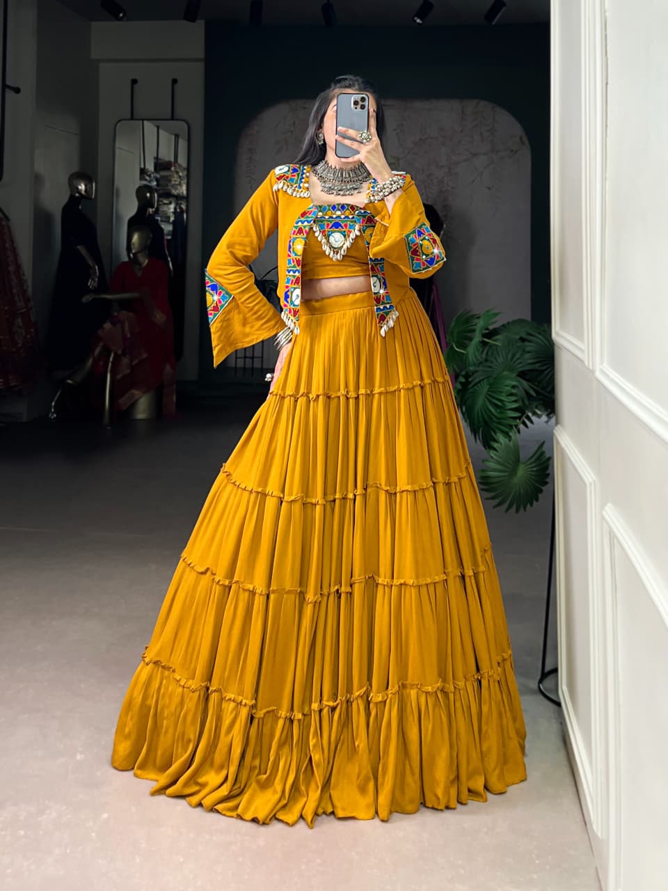 SM Pure Rayon 10M Flair Navratri Lehenga Choli with Designer Mirror Work Jacket Set (Fully Stitched)