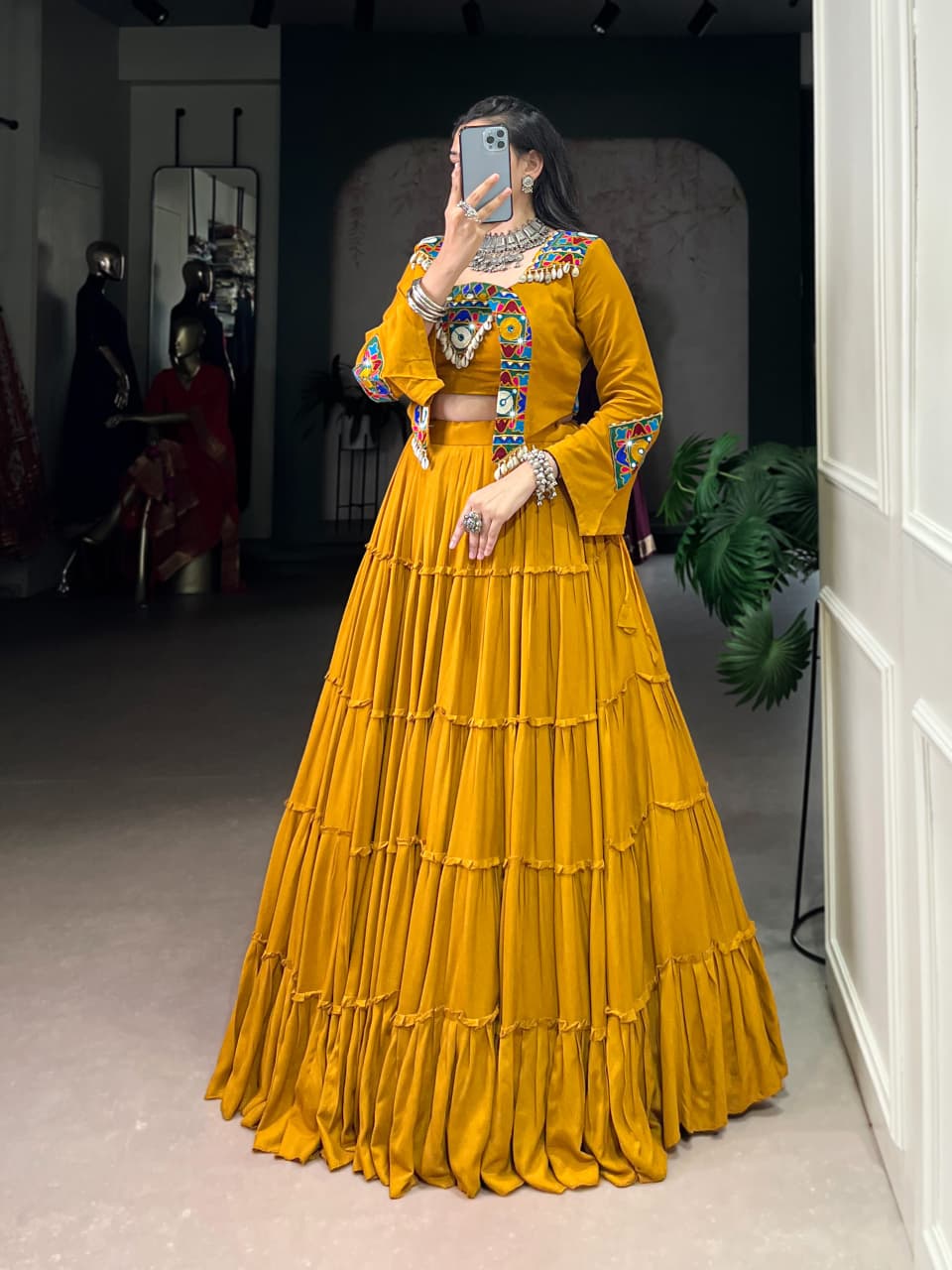 SM Pure Rayon 10M Flair Navratri Lehenga Choli with Designer Mirror Work Jacket Set (Fully Stitched)