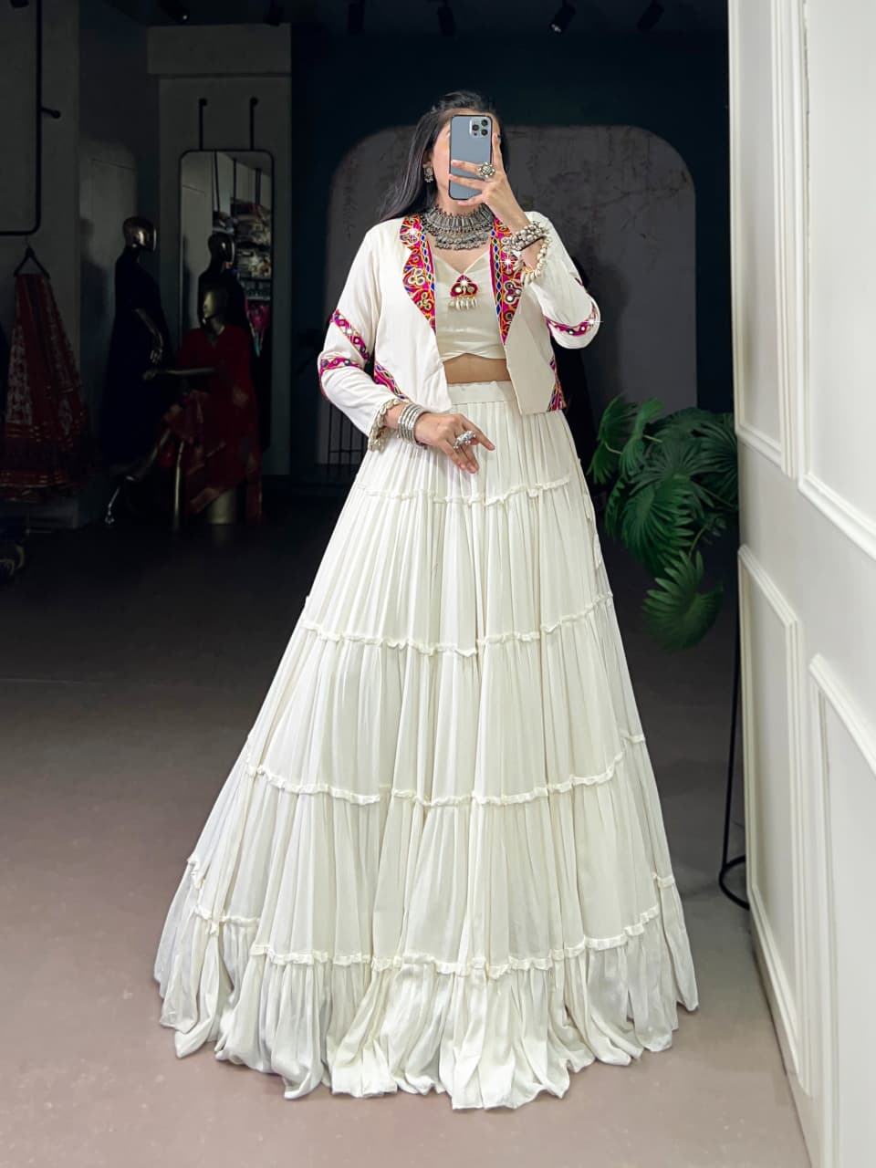 SM Pure Rayon 10M Flair Navratri Lehenga Choli with Designer Mirror Work Jacket Set (Fully Stitched)