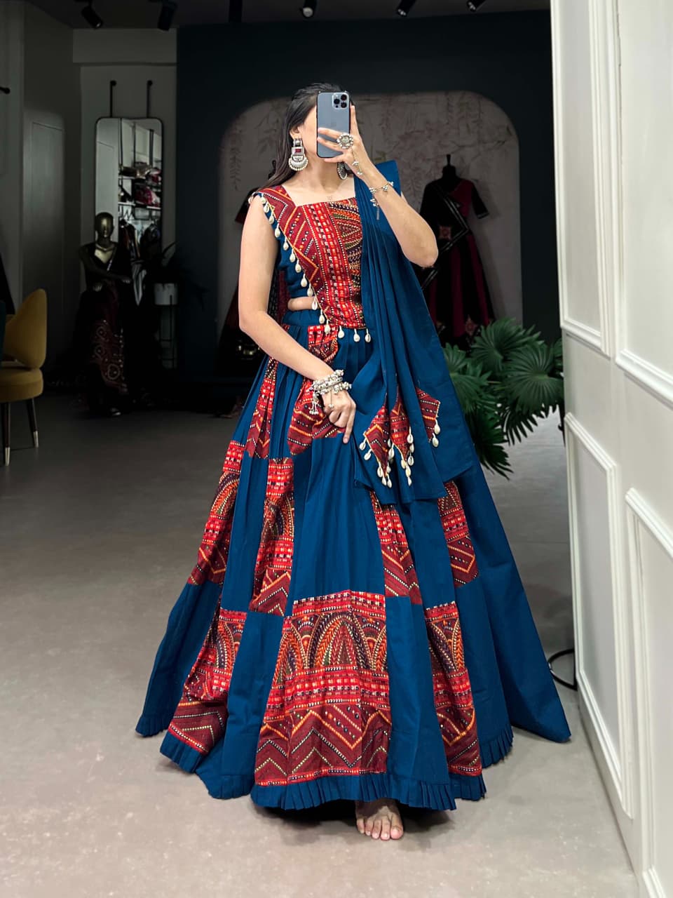 SM Pure Rayon 6-Meter Flair Foil Print Lehenga Choli with Kodi Lace Work & Dupatta
