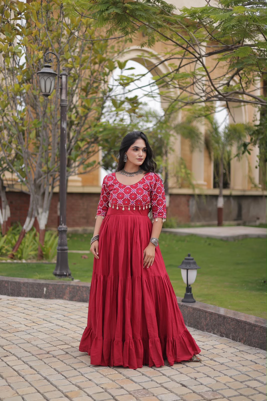 SM Traditional Real Mirror Work Kora Cotton Flared Gown