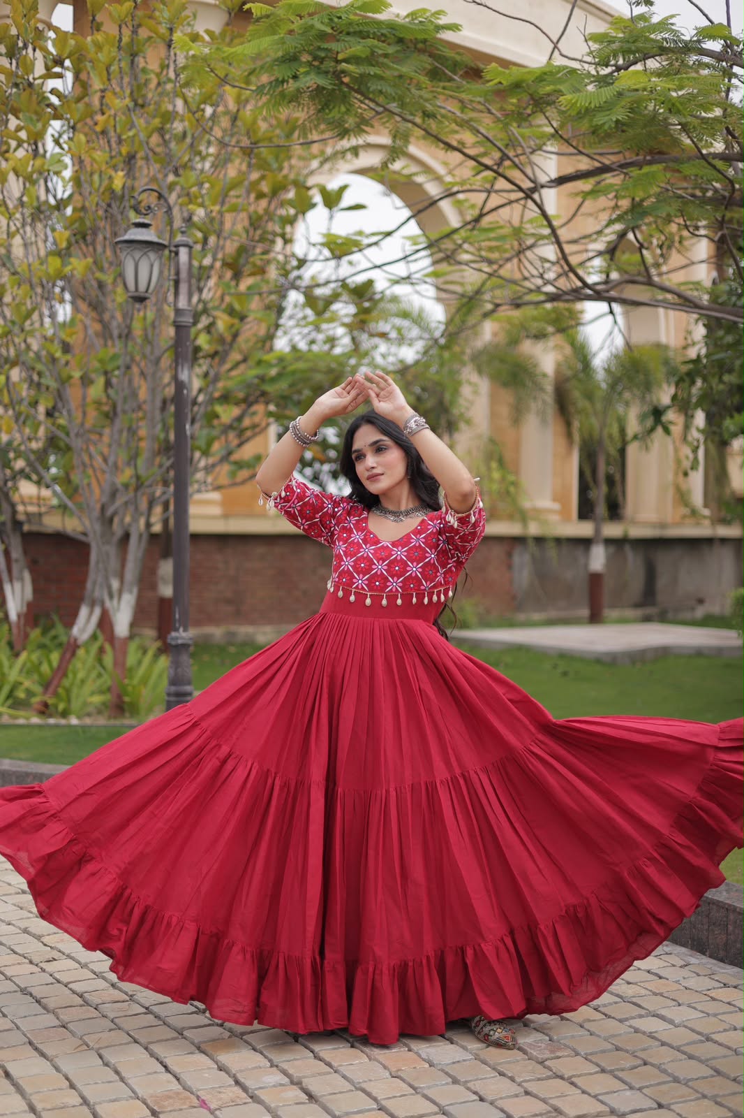 SM Traditional Real Mirror Work Kora Cotton Flared Gown