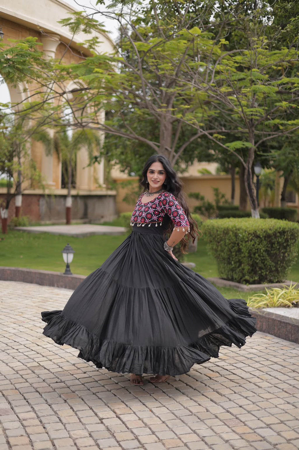 SM Traditional Real Mirror Work Kora Cotton Flared Gown