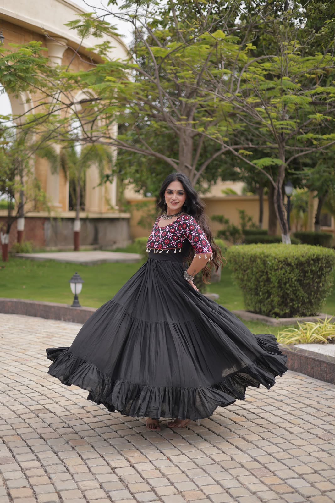 SM Traditional Real Mirror Work Kora Cotton Flared Gown