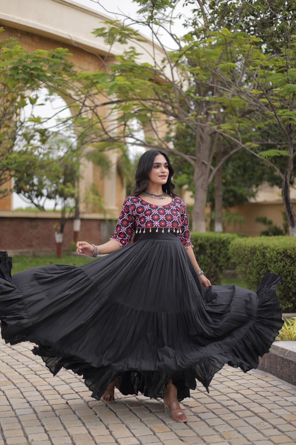 SM Traditional Real Mirror Work Kora Cotton Flared Gown