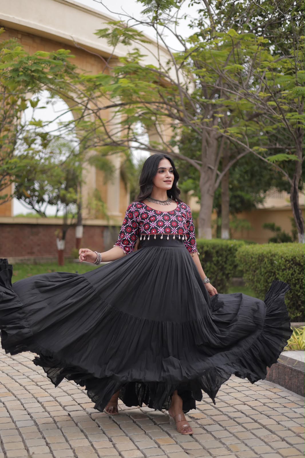 SM Traditional Real Mirror Work Kora Cotton Flared Gown