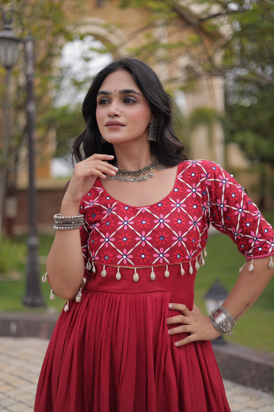 SM Traditional Real Mirror Work Kora Cotton Flared Gown