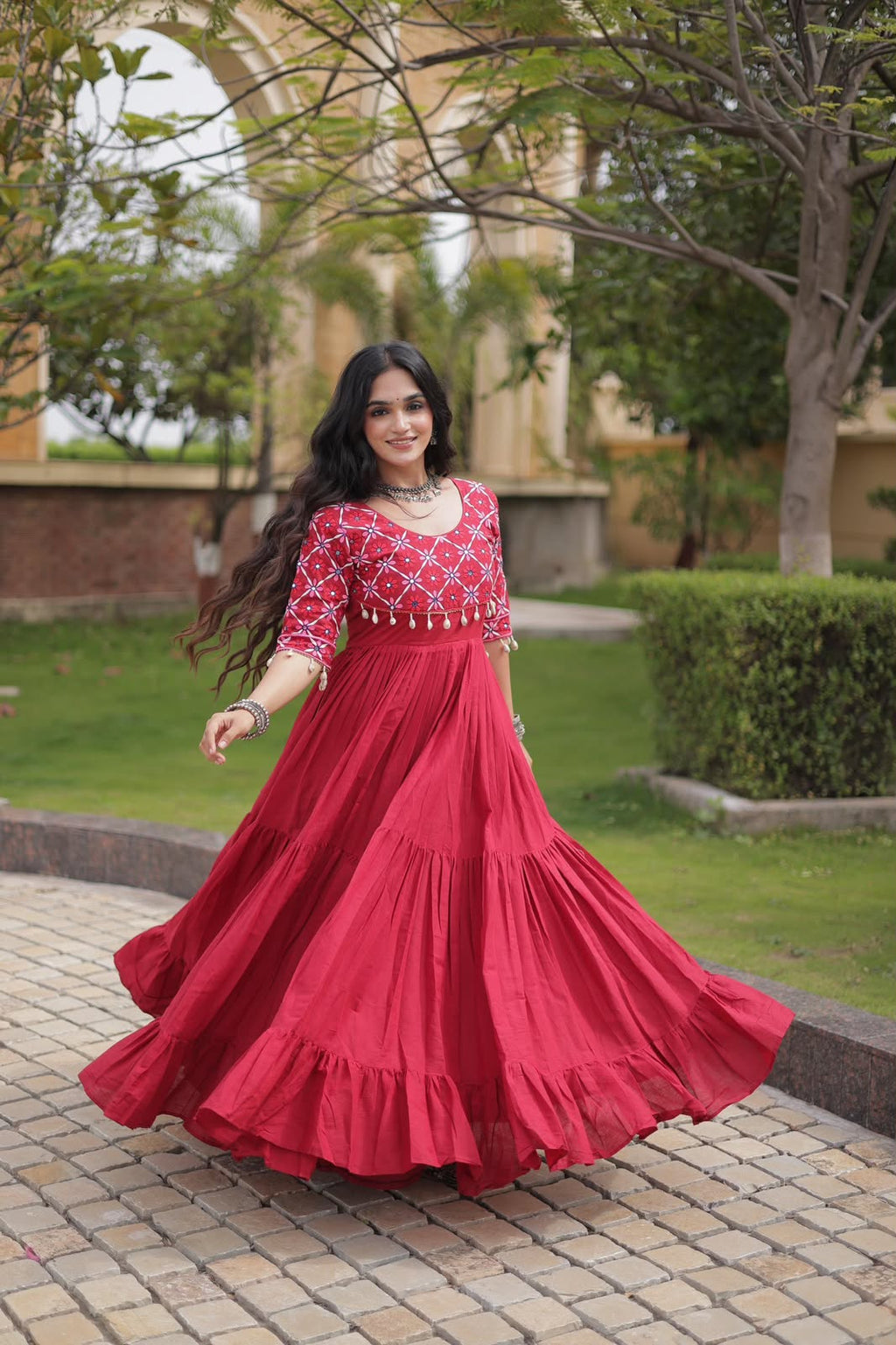 SM Traditional Real Mirror Work Kora Cotton Flared Gown