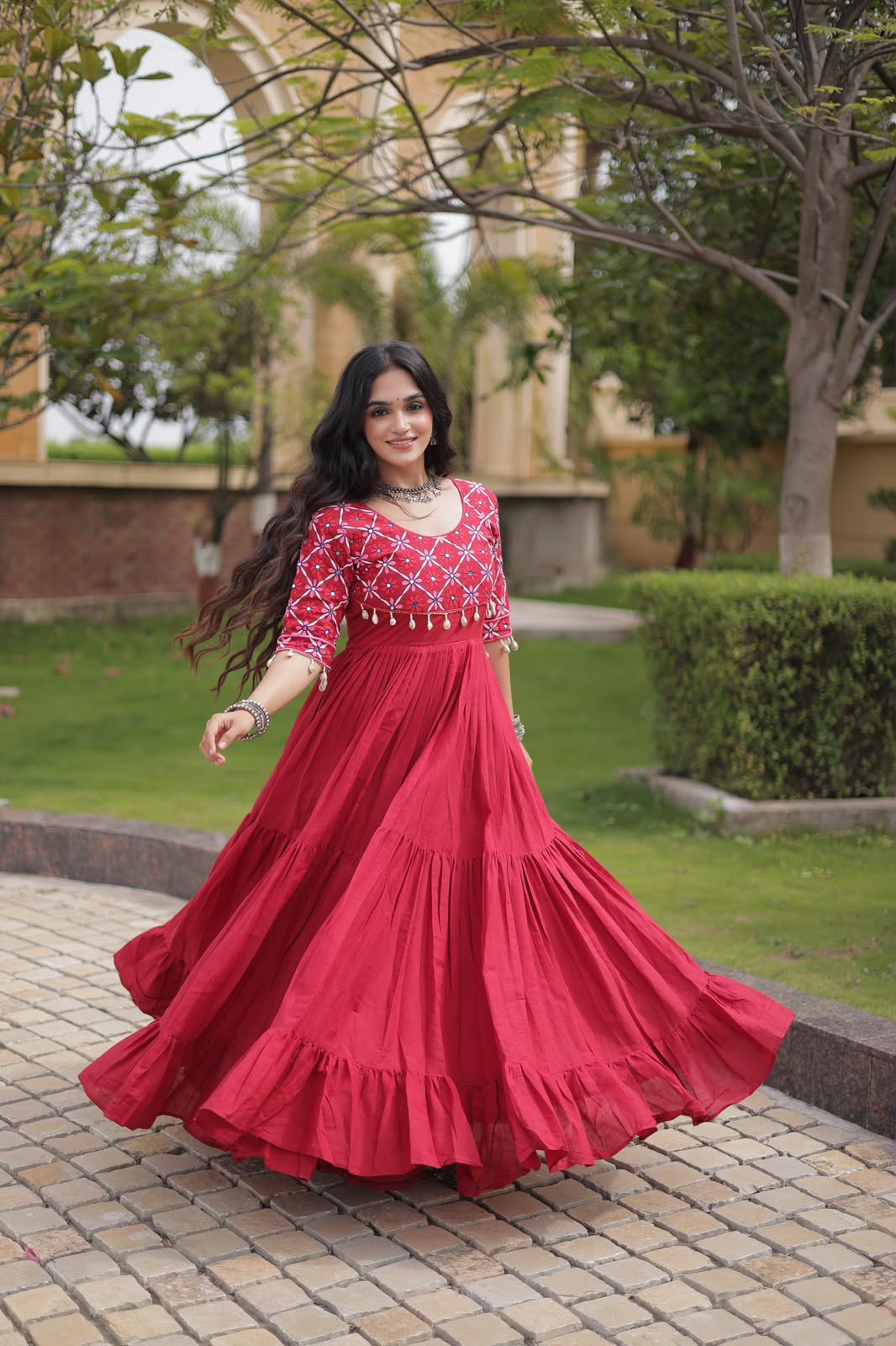 SM Traditional Real Mirror Work Kora Cotton Flared Gown